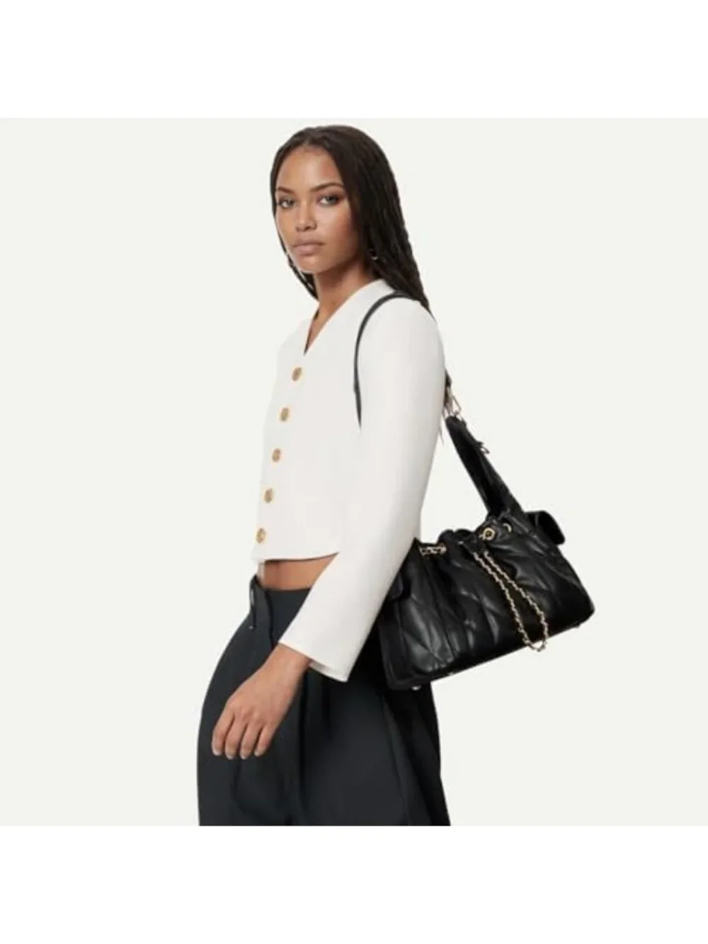 Quilted Leather Tote Bag for Women, Adjustable Strap Slouchy Hobo Purse